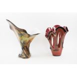 STUDIO GLASS VASES, two various colourful examples, both of naturalistic form, 34cm H and 39cm H.