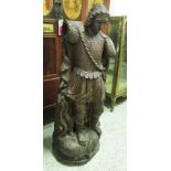 'ST MICHAEL', 18th century style carved wood statue, wearing armour and standing on the dragon,