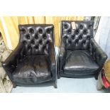 CLUB ARMCHAIRS, a pair, buttoned and studded leather, 75cm x 85cm 90cm.