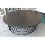 LOW TABLE, of substantial proprotions, the circular black top on a hooped metal base,