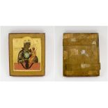 SMALL ICON, painted Mother of God and infant Christ on wooden panel with gilt background, 13.