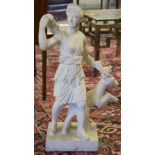MARBLE FIGURE, Art Deco manner of Diana with deer, on base, 67cm H.