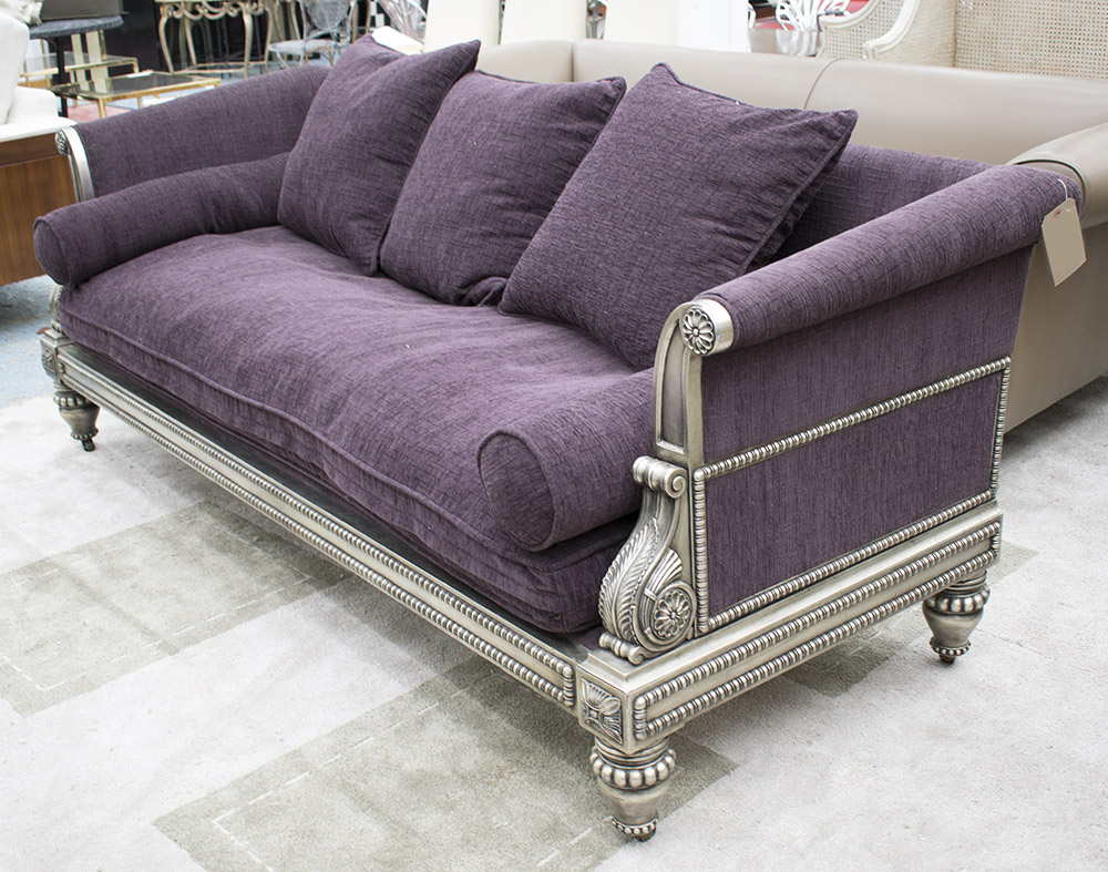 JULIAN CHICHESTER SOFA, Regency style, purple with silver gilt frames, 223cm W x 83cm D x 87cm H.