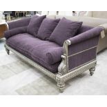 JULIAN CHICHESTER SOFA, Regency style, purple with silver gilt frames, 223cm W x 83cm D x 87cm H.