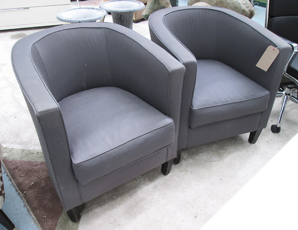 TUB CHAIRS, a pair, in grey fabric on square ebonised supports, 69cm W.