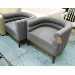 CURVED ARMCHAIRS, a pair, studded detail, grey/blue ribbed fabric, 81cm W x 70cm D.