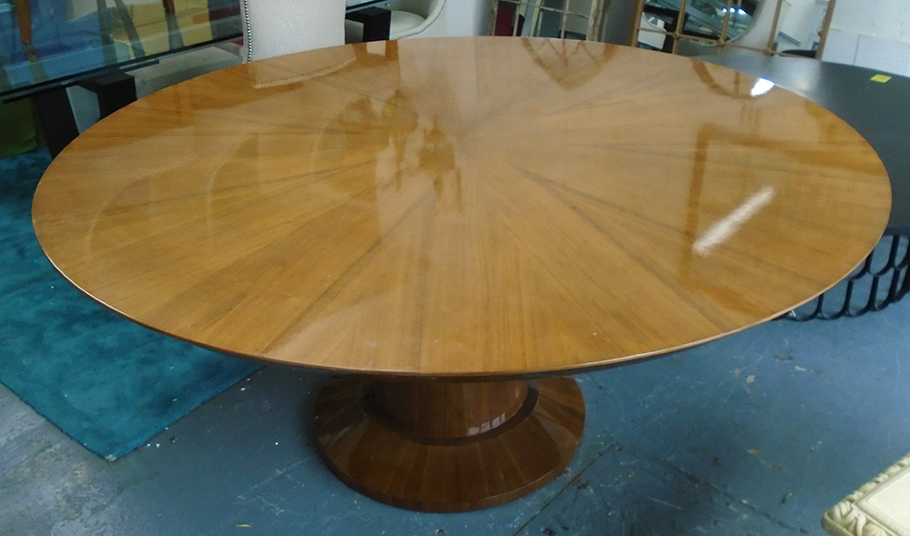 DINING TABLE, circular, wooden on central column, 175cm W x 79cm H.