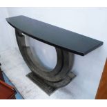 CONSOLE TABLE, the black granite top on a curved metal base, 150cm W x 41cm D x 95cm H.