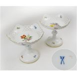 MEISSEN COMPORTS, a pair, with pierced dish tops, all-over decorated floral sprays and sprigs,