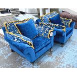 ARMCHAIRS, a pair, French style in blue and gold fabric on turned castor supports, 114cm W.