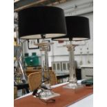 TABLE LAMPS, a pair, with crystal columns on chromed mounts with shades, 73cm H.