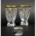 PERSIAN INTEREST PAIR OF MOSER CRYSTAL WATER GLASSES, 22ct gold rims, etched lion and sun emblems.