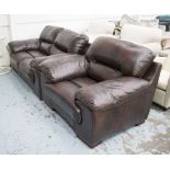 SOFA, two seater, in tanned leather on block supports, 174cm L plus matching armchiar, 126cm W.