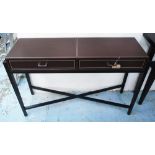 CONSOLE TABLE, in tanned leather with two drawers below on wooden square supports,