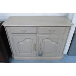 SIDE CABINET, grey painted with canted corners, 124cm W x 93cm H x 50cm D.