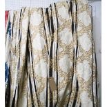 CURTAINS, a pair, black and white damask with laurel detail, lined and interlined,