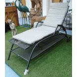 SUN LOUNGER, metal with undertier and long striped cushion, 70cm W x 175cm L.