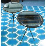 LAMP TABLES, a pair, antiqued mirrored circular tops on triform bases, each 44cm W x 66cm H.