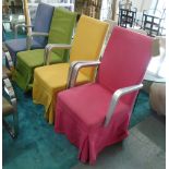 DINING CHAIRS, a set of four, with silver painted arms and harlequin coloured covering, 53cm W.