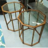 SIDE TABLES, a pair, octagonal gilt frames with glass tops, each 49cm W x 62cm H.