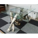 LOW TABLE, silvered bronze in the form of a female figure supporting a rectangular glass top,