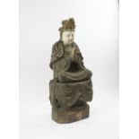 SEATED BUDDHA, 18th century carved wood with whitened face, 56cm H overall.