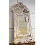 WALL MIRRORS, a pair, Venetian Murano design with pink glass flowers, 115cm H x 50cm.