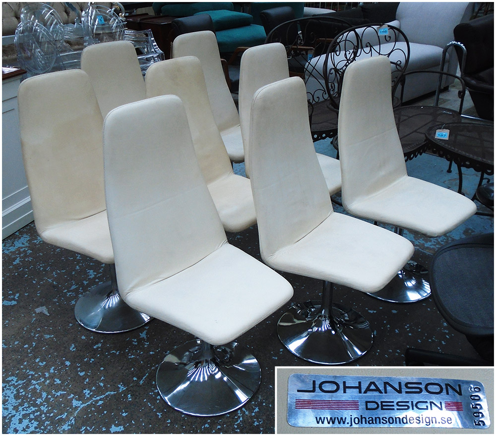 SWIVEL DINING CHAIRS, a set of eight, cream, model 'Viggen' by Johansen, each 38cm W x 105cm H.