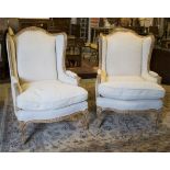 BERGERES, a pair, French Louis XV style slub cotton upholstered.