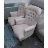 ARMCHAIRS, a pair, button back in neutral fabric on turned castor supports, 68cm W.