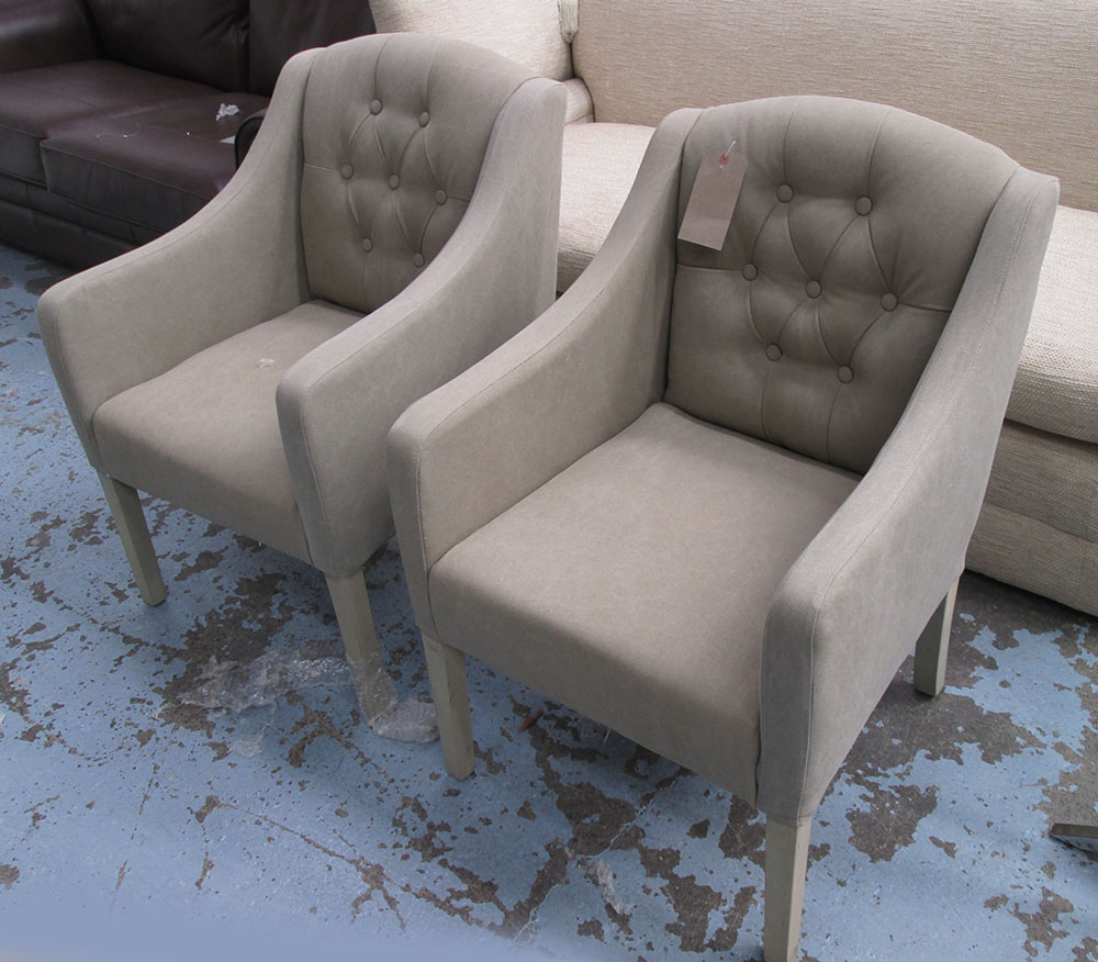 ARMCHAIRS, a pair, button back in neutral fabric on square supports, 60cm W.