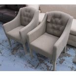 ARMCHAIRS, a pair, button back in neutral fabric on square supports, 60cm W.