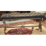 HALL BENCH, Vintage Italian painted on carved trestle supports with button leather upholstered seat,