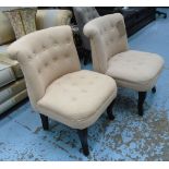 BEDROOM CHAIRS, a pair, in a cream buttoned fabric on curved supports, 52cm W.