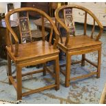 ARMCHAIRS, a pair, Antique Chinese cedar and firwood with horseshoe backs and figure carved splats,