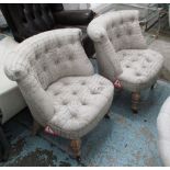 BEDROOM CHAIRS, a pair, French style in buttoned printed fabric on turned castor supports, 57cm W.