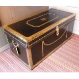 TRUNK, Regency black leather and brass bound with hinged top and side handles,