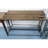 CONSOLE TABLES, a pair, in bronzed finish on square iron supports, 119cm x 25cm x 80cm H.