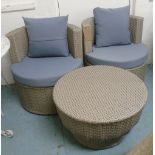 GARDEN LOUNGE CHAIRS, a pair, all weather woven fabric with cushions and low table,