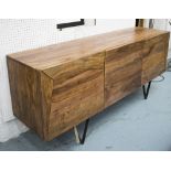 SIDEBOARD, teak with three angled doors enclosing shelves on metal supports, 175cm x 46cm x 74cm H.