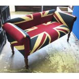 WINDOW SEAT, with Union Flag upholstery on short turned supports, 134cm W x 64.5cm H x 55cm D.