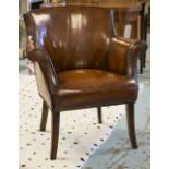 LIBRARY TUB ARMCHAIR, early 20th century vintage faded leaf brown leather with curved back and arms.