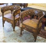 TUB CHAIRS, a pair, mid 20th century Syrian walnut, ebonised, Mother of Pearl,
