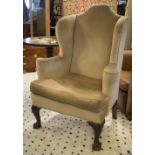 WING ARMCHAIR, late 19th century Georgian style mahogany in velour upholstery with cushion seat,