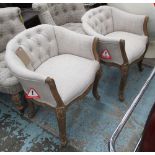 BEDROOM CHAIRS, a pair, French style in neutral fabric, buttoned back in carved wooden frame,