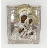 RUSSIAN ICON, portraying mother of God with infant Christ, hallmarked silver oklad,