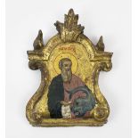 SMALL ICON, 19th century, possibly Greek, gilt and painted wood, 15.5cm H x 11.5cm W overall.