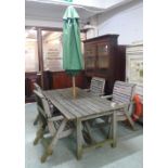 GARDEN SET, comprising a weathered rectangular table, 68cm H x 183cm x 92cm W,