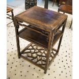 OCCASIONAL TABLE, 19th century Chinese elm square form with shelf and pierced lattice undertier,