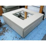 OTTOMAN/COFFEE TABLE, mirrored panel to top and two upholstered drawers to base,